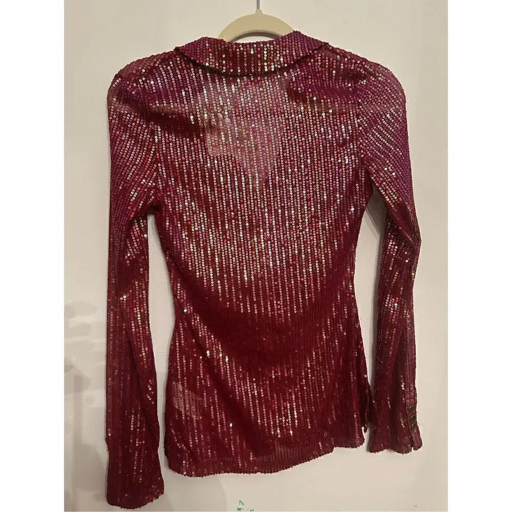Free People  Iridescent Sequin Collared Ruched Longline Shirtee Dark Rhubarb siz